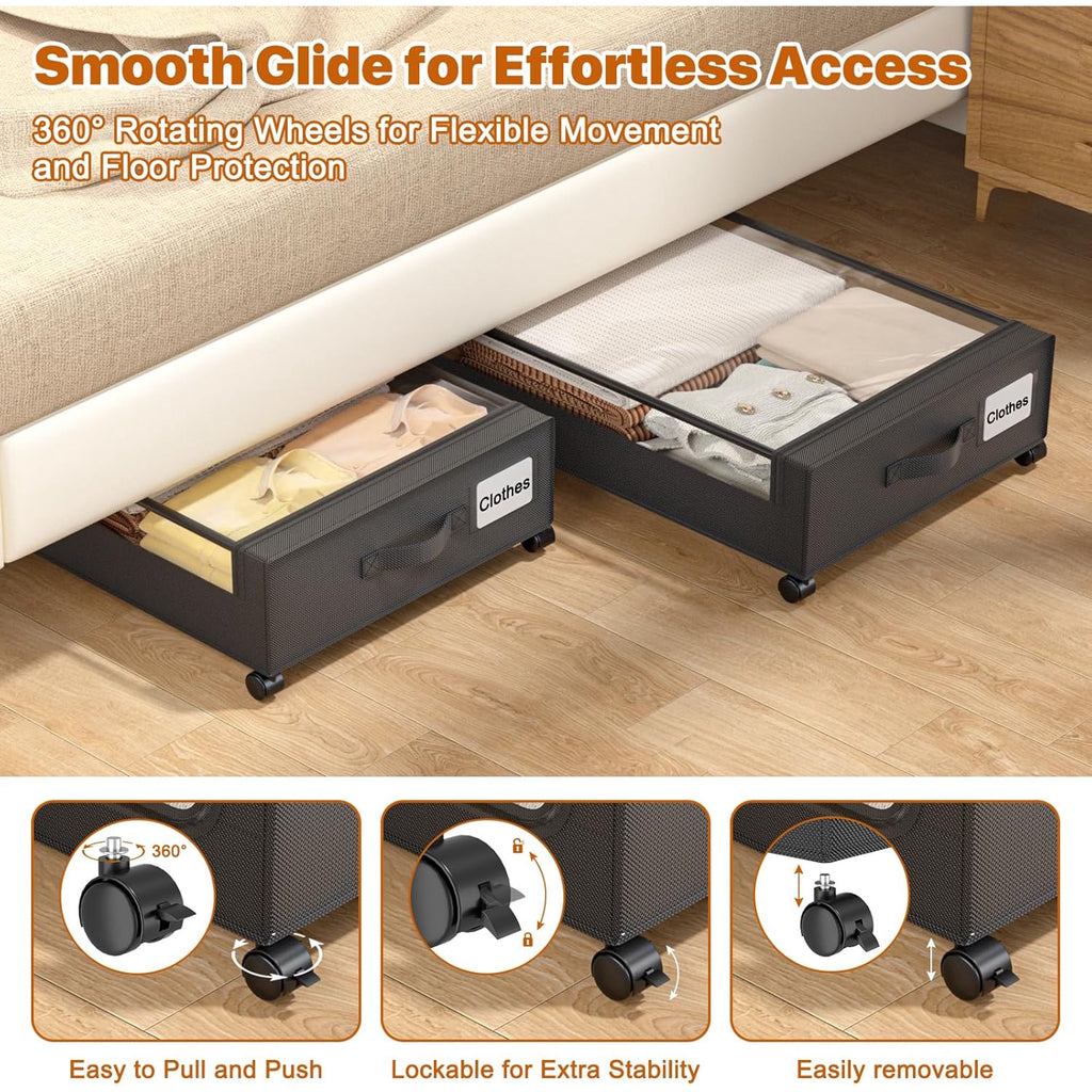 Under Bed Storage Containers with Wheels, 4 Pack, XXL 60L, Clear Lids W6827