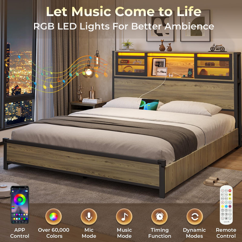 Metal Platform Bed Frame with 4 Storage Drawers and Charging Station, Oak Grey D1347