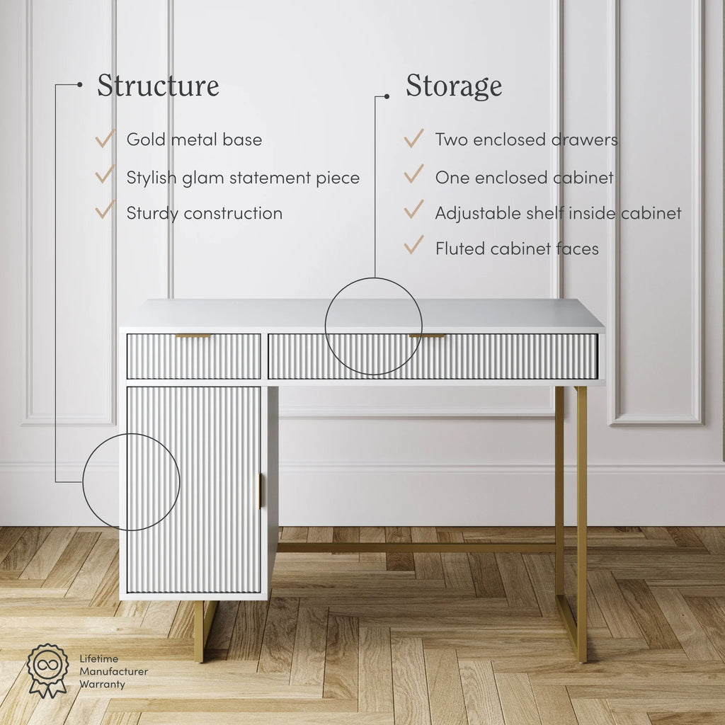 Modern White Computer Desk with Drawers and Cabinet Storage S895550