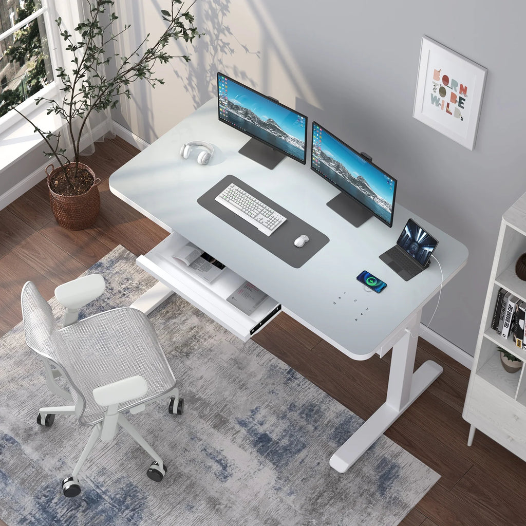 Electric Glass Standing Desk with Drawers, Dual Motor Height Adjustable, White J3363
