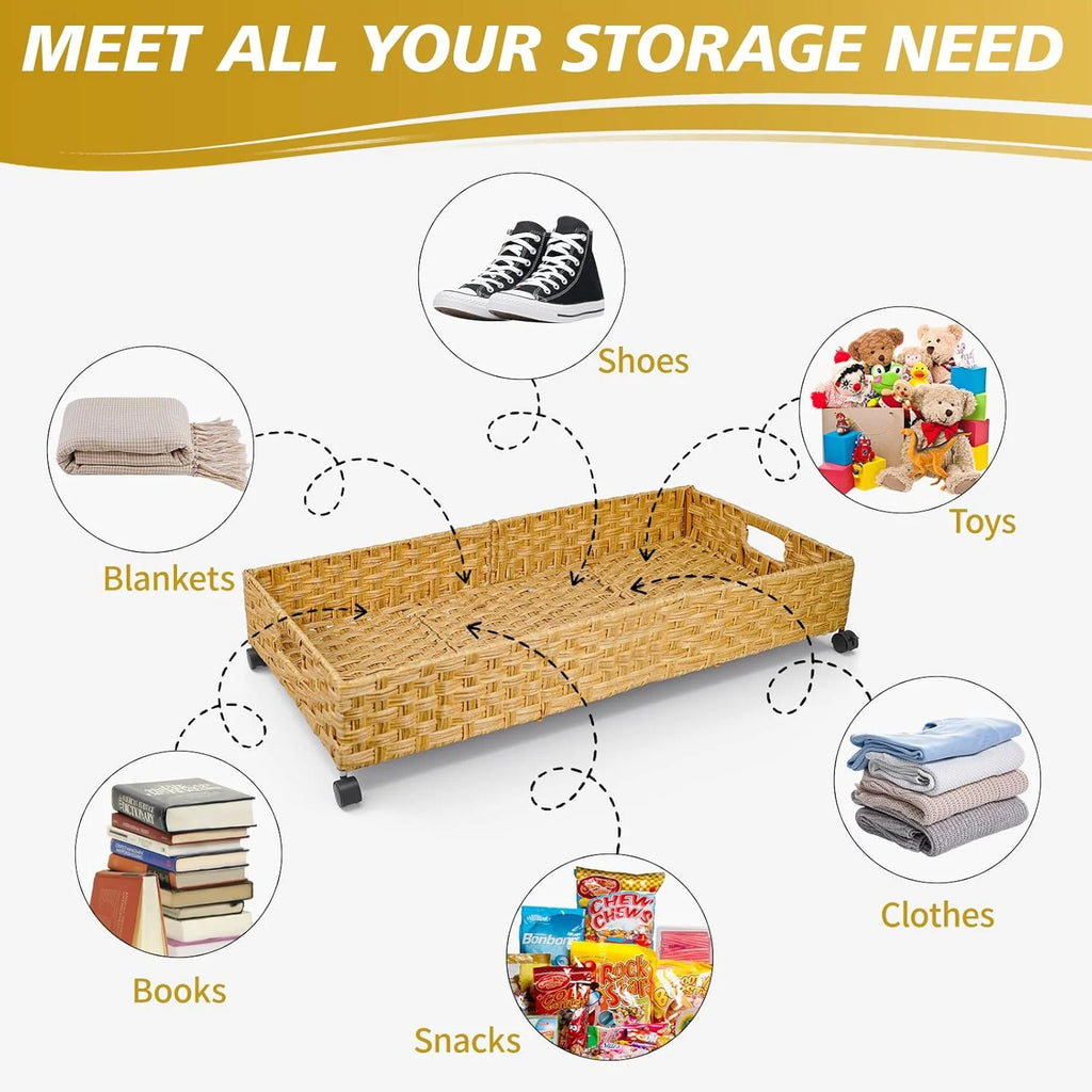 Under Bed Storage Containers with Wheels, 2 Pack, Rattan Organizer Drawer L9868