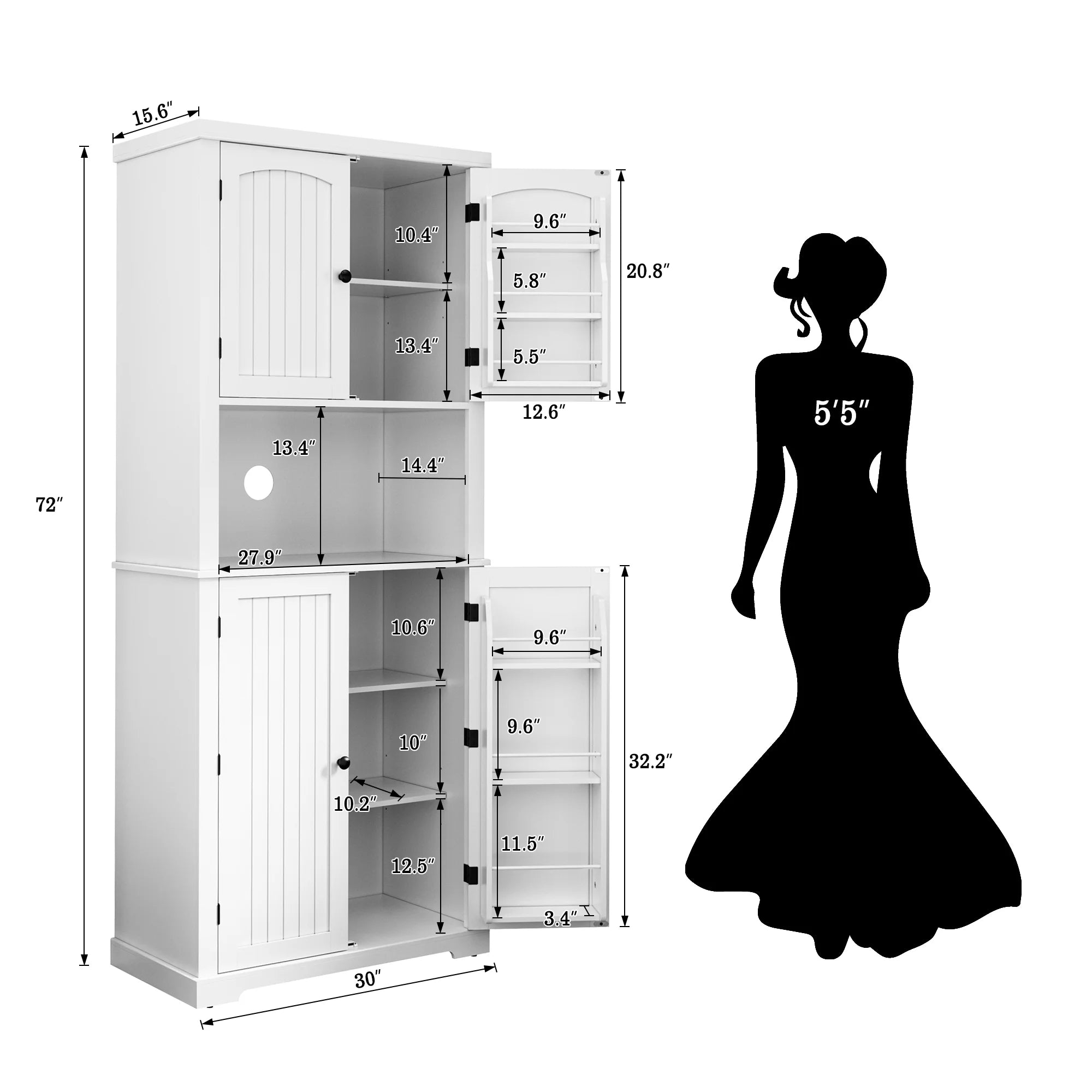 72" Kitchen Pantry Storage Cabinet with Microwave Stand and Shelves N568
