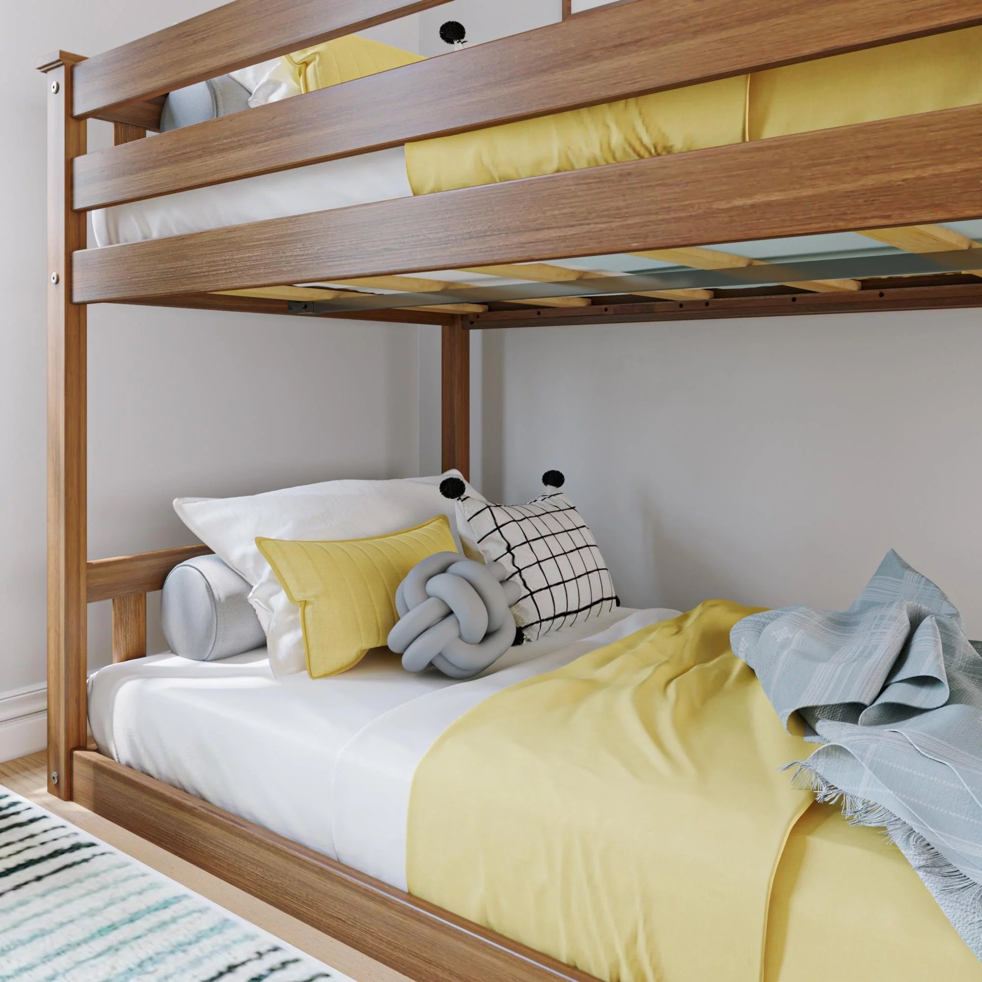 Twin over Twin Low Bunk Bed with Ladder for Kids, Solid Wood N99866
