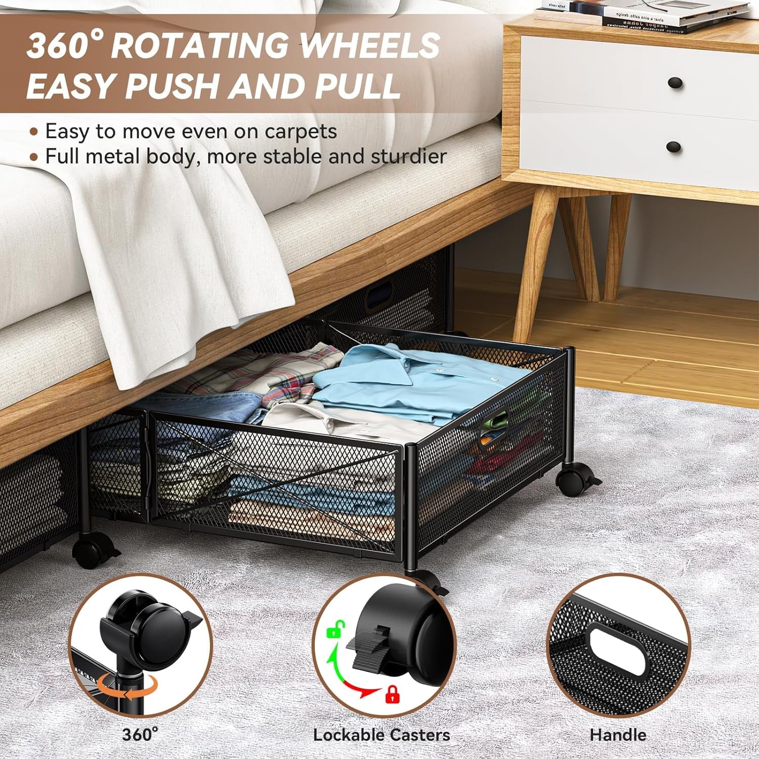 Under Bed Storage Containers with Wheels, Shoe Organizer Drawer, Metal Storage for Clothes Shoes Blankets V749978