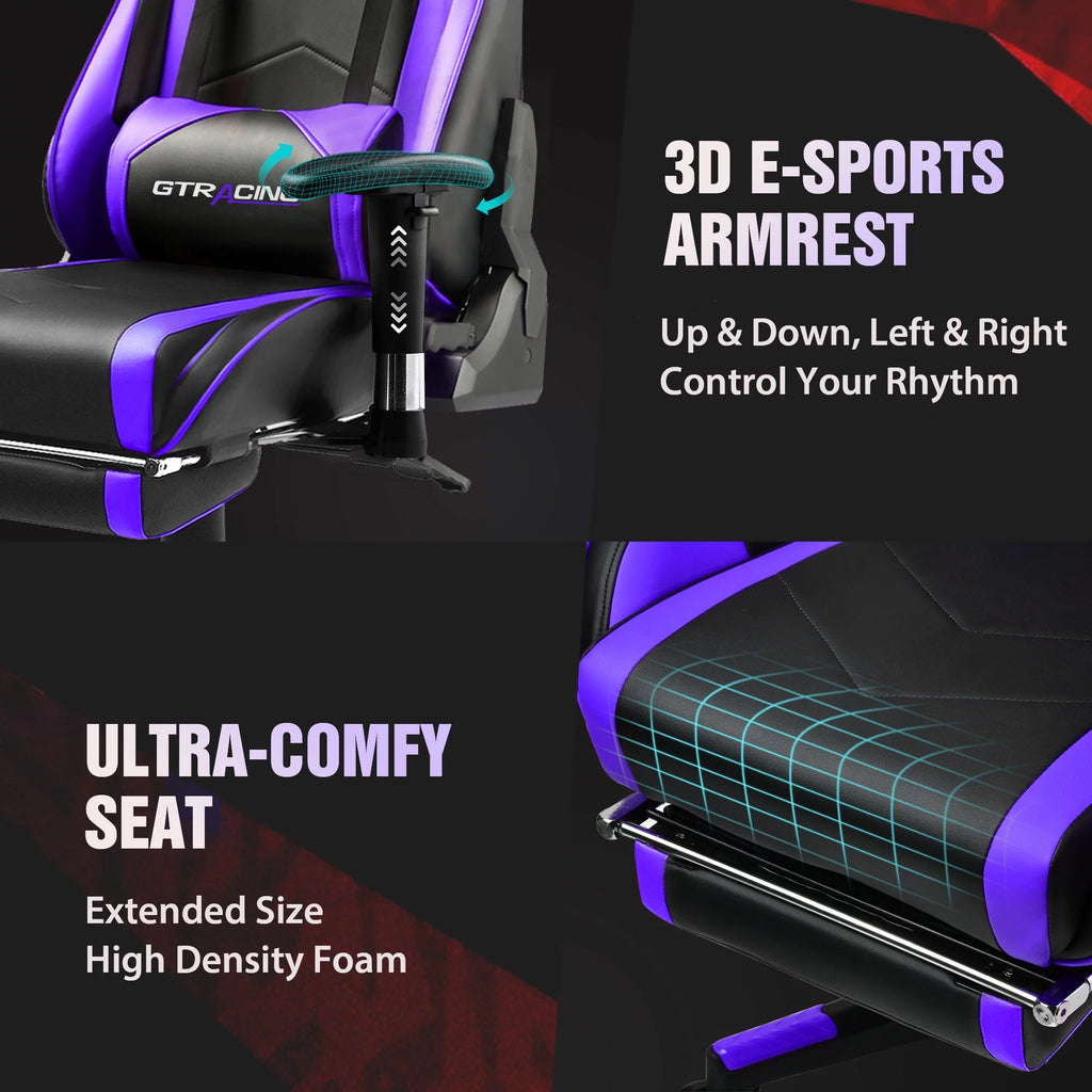 Gaming Chair with Footrest, PU Leather, Adjustable Headrest, Purple K923747