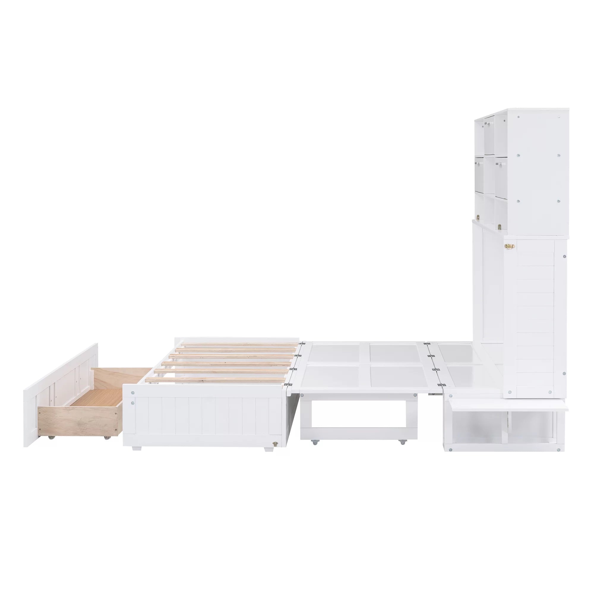 Queen Size Murphy Bed with Bookcase and Drawer, White P7712