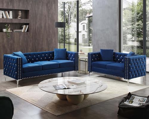 Velvet Loveseat Sofa for Living Room, 59 Inch Modern Upholstered with Pillows, Black W6680