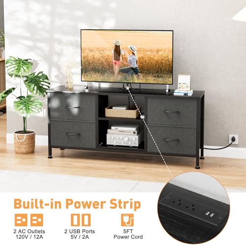 TV Stand with 4 Fabric Drawers and Open Shelves for 50" TV, Black Wood Veins I88170