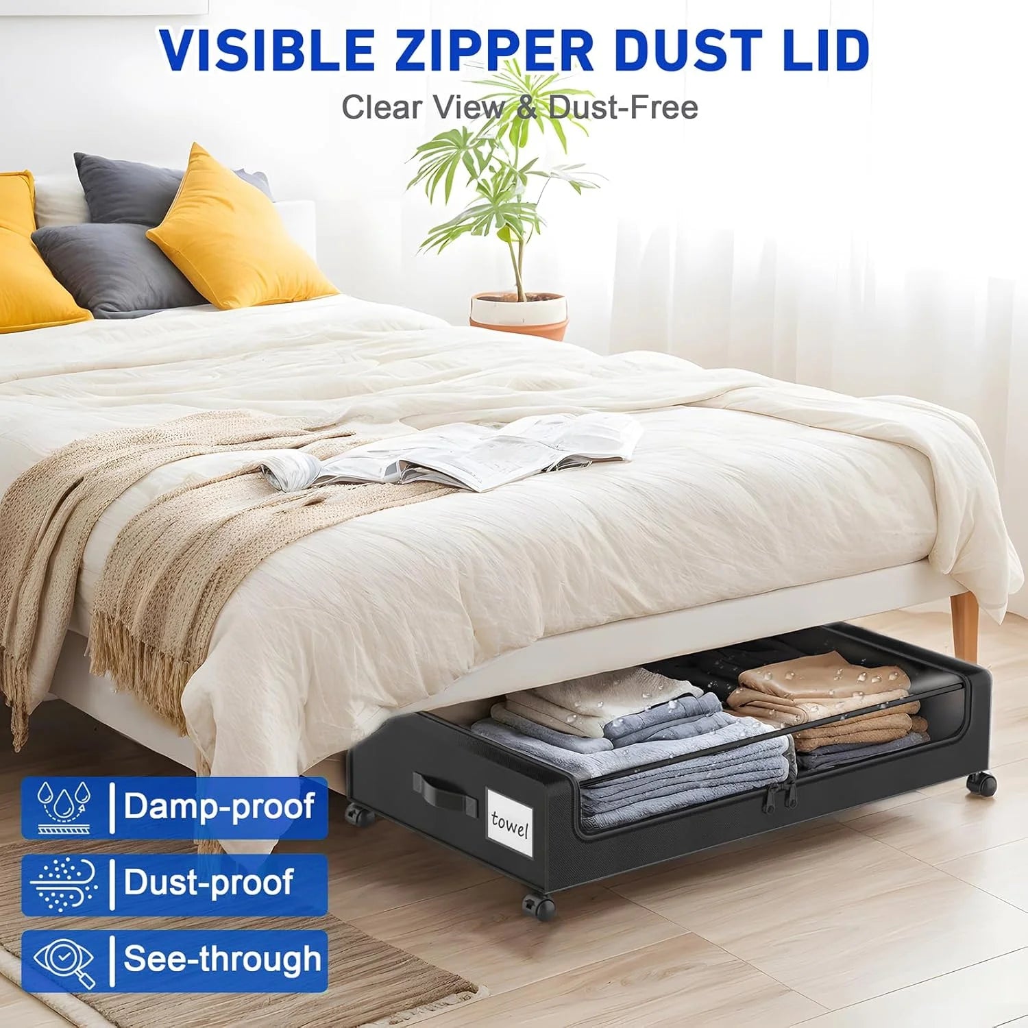 Under Bed Storage Containers with Wheels and Clear Lids, 60L, Black E9843