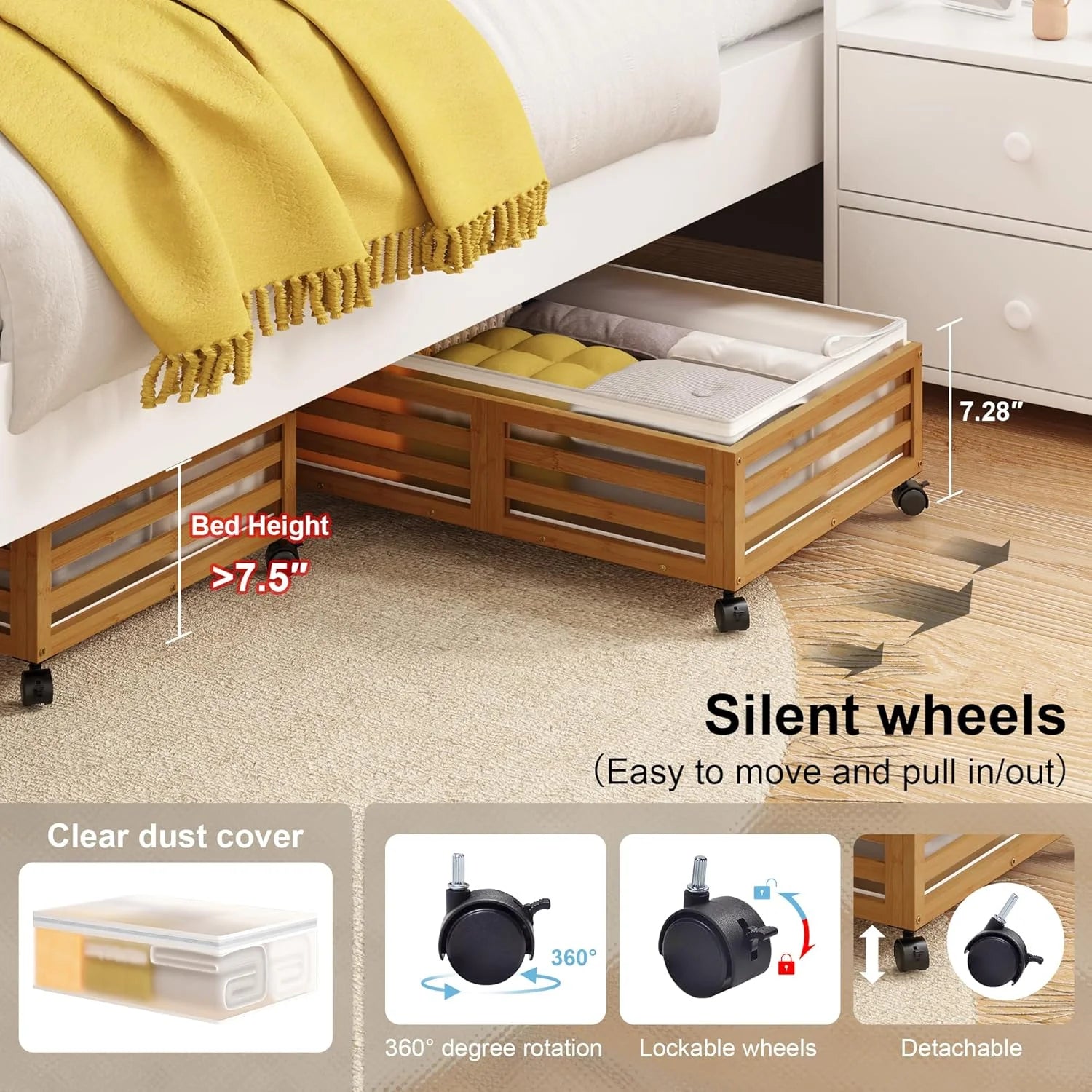 Under Bed Storage Containers with Wheels, Bamboo Wood, 2 Pack O88203