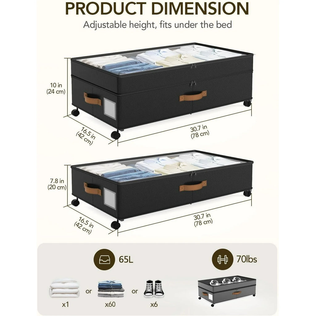 Under Bed Storage with Wheels, Adjustable Height, 10 Inches, Black E7377