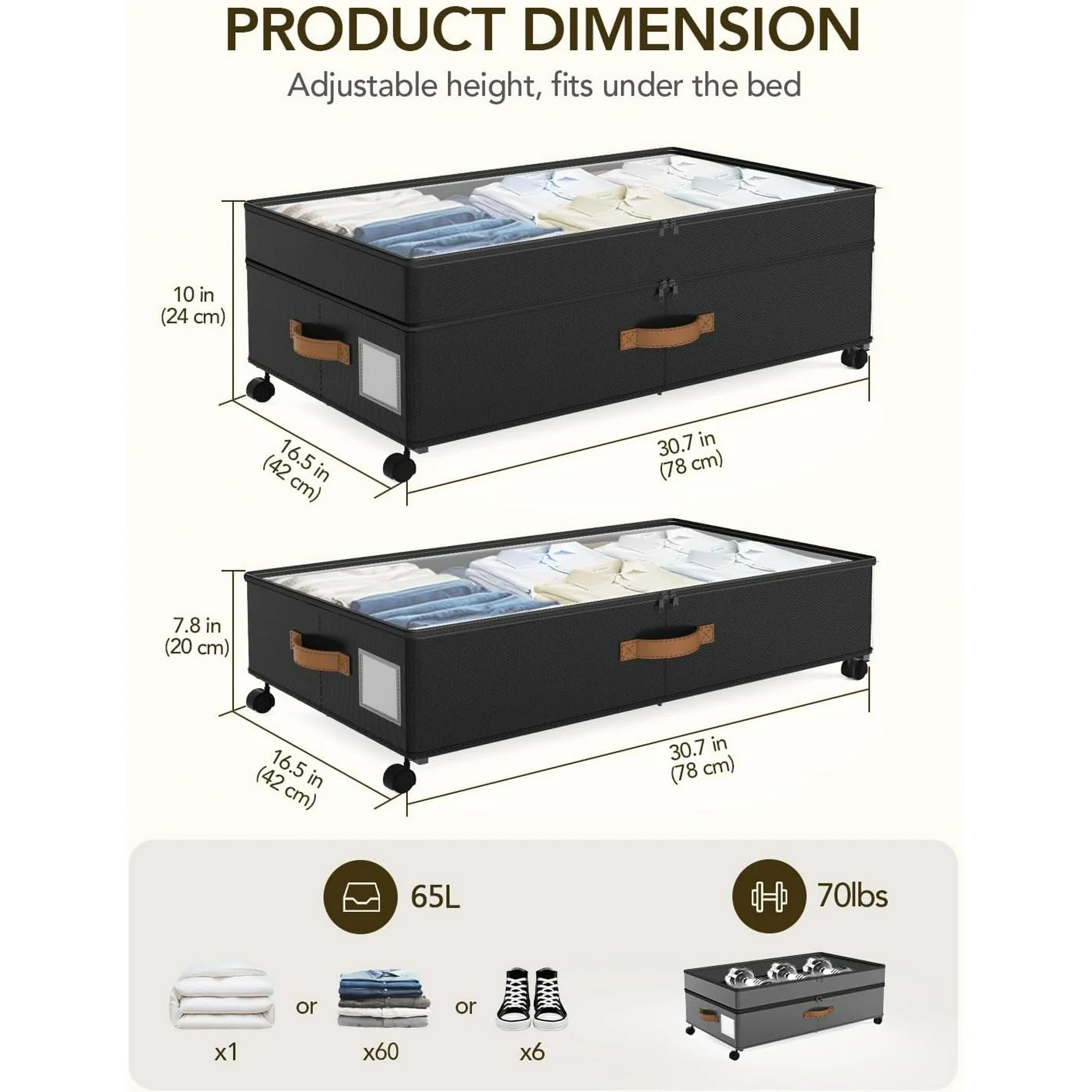 Under Bed Storage with Wheels, Adjustable Height, 10 Inches, Black E7377