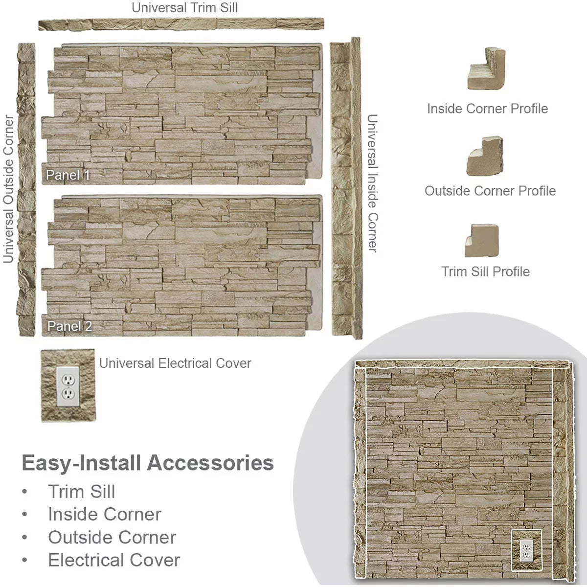 49"W x 24 1/2"H Stacked Stone Faux Siding Panel P52129