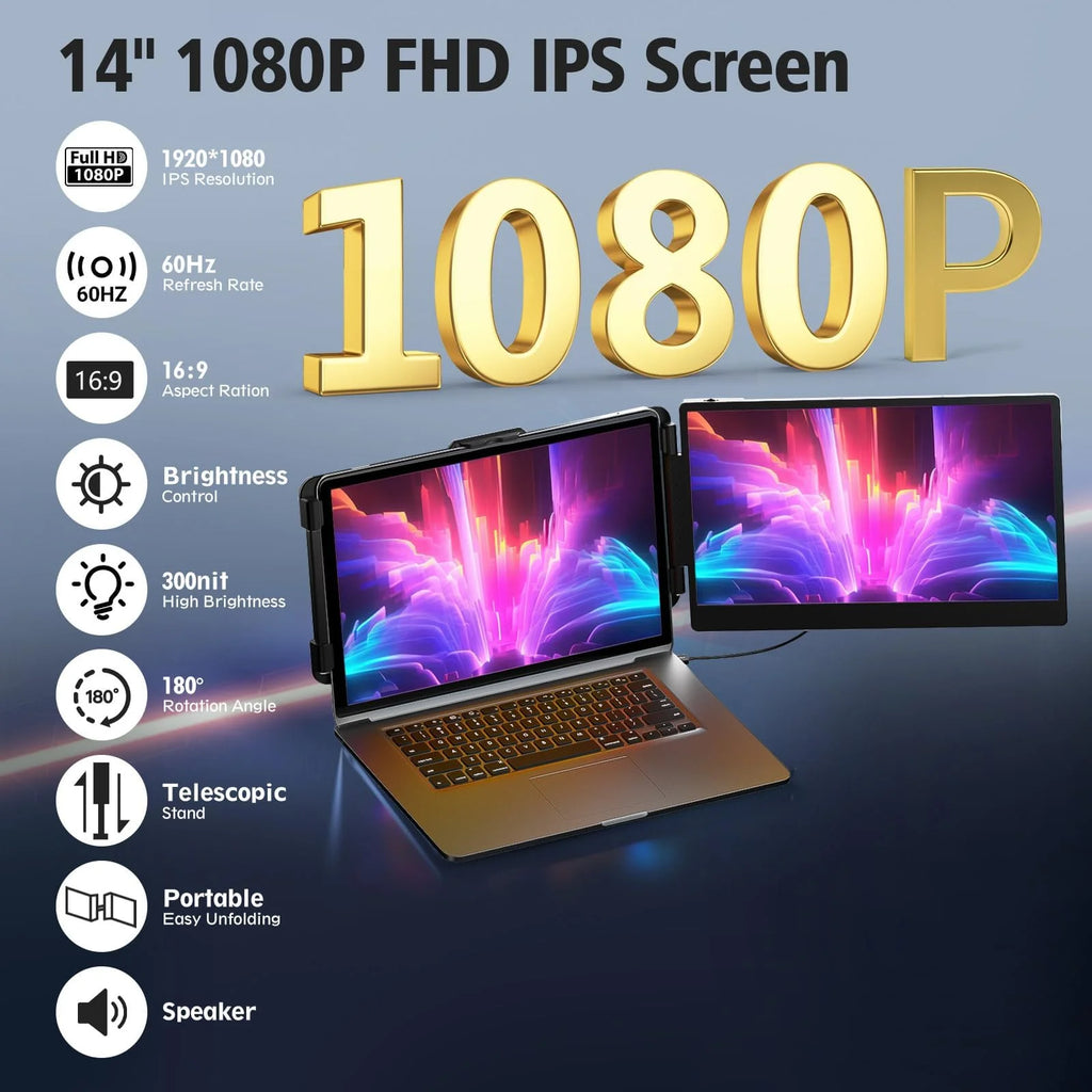 Portable 14 Inch Laptop Screen Extender Monitor FHD 1080P HDMI USB-C Z285035
