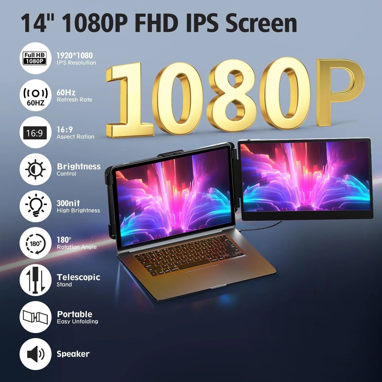 Portable 14 Inch Laptop Screen Extender Monitor FHD 1080P HDMI USB-C Z285035