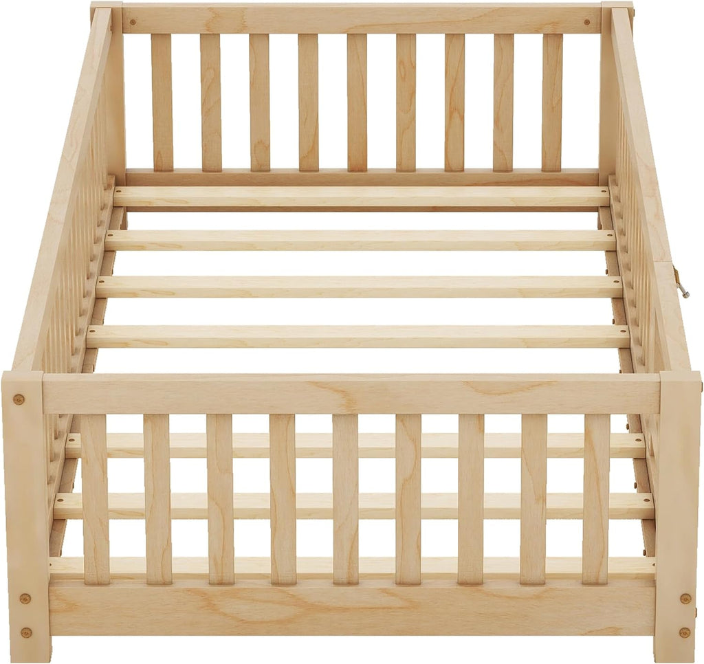 Twin Size Montessori Floor Bed with Door and Fence for Kids, Easy Assembly, Natural H441837