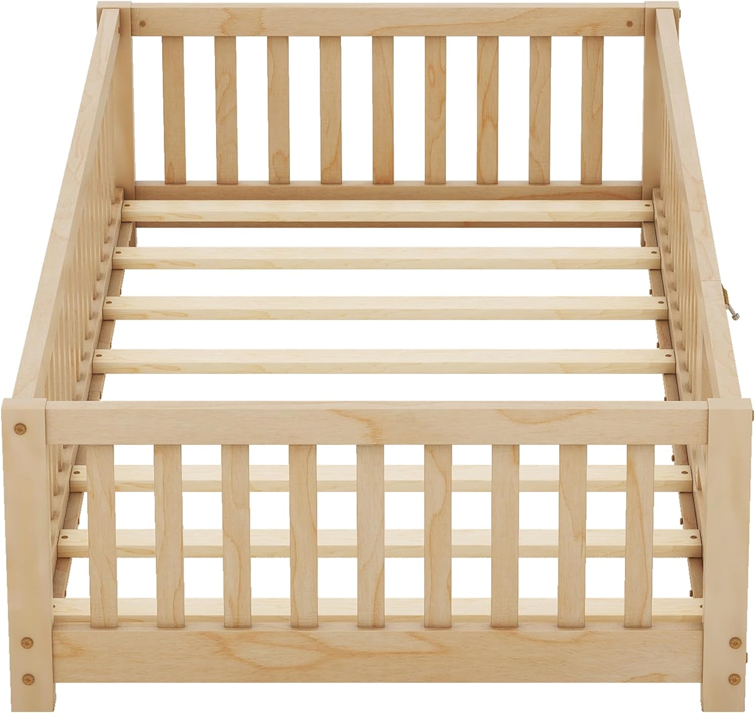 Twin Size Montessori Floor Bed with Door and Fence for Kids, Easy Assembly, Natural H441837