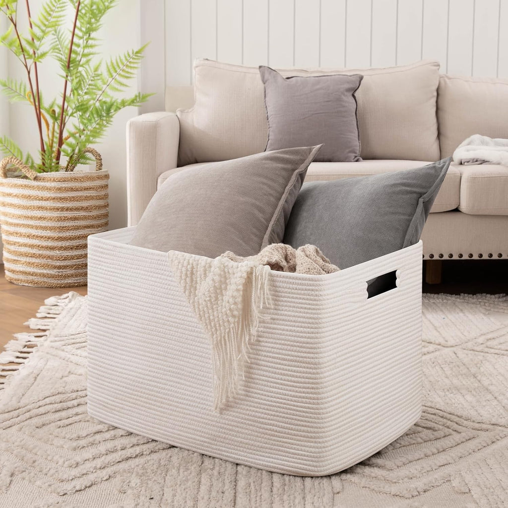 Cotton Rope Storage Basket, Oversized Blanket Basket, 25 x 17 x 16 Inches, White F73525