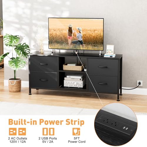 TV Stand with 4 Fabric Drawers and Open Shelves for 50" TV, Black Wood Veins I88170