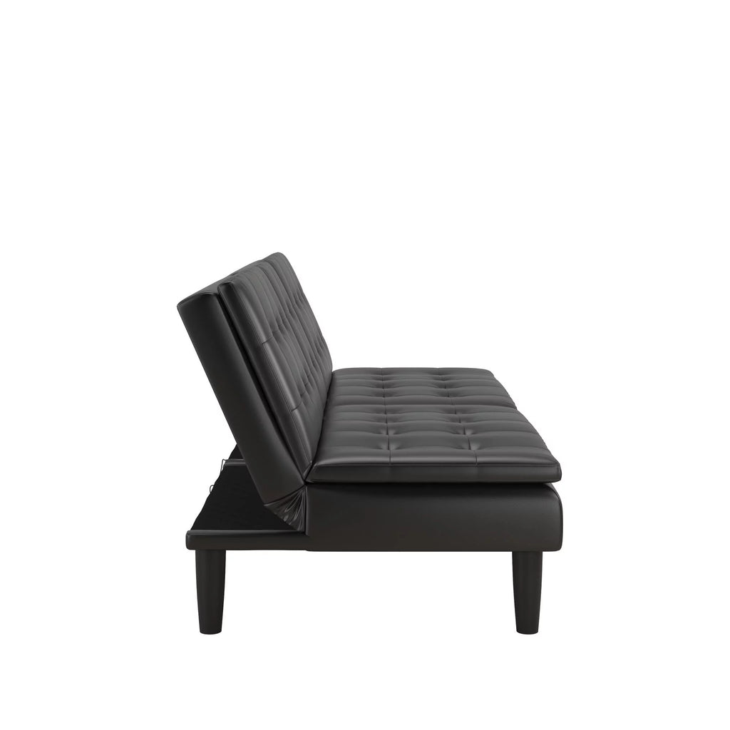 Memory Foam Futon with Cupholder and USB, Black Faux Leather Y2494