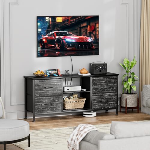 TV Stand with 4 Fabric Drawers and Open Shelves for 50" TV, Black Wood Veins I88170