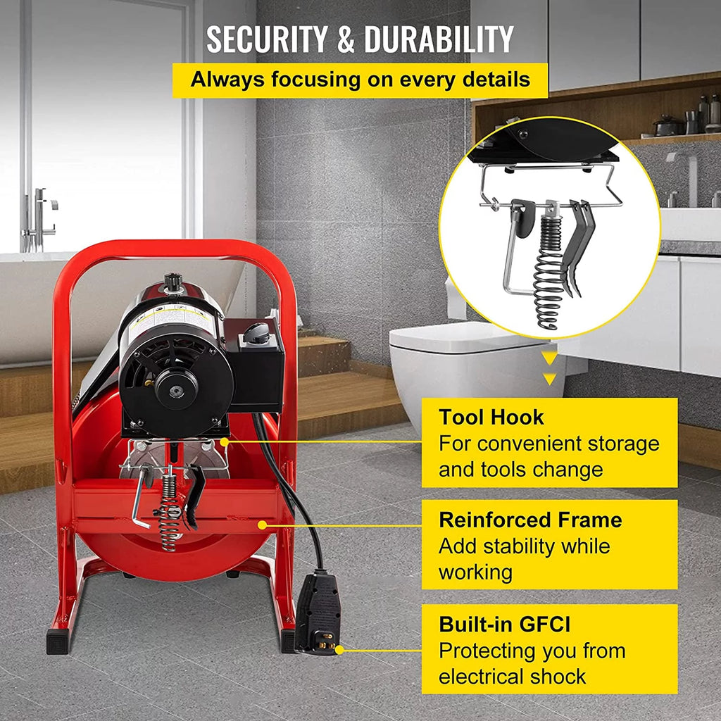Drain Cleaner Machine 75ft, 370W for 1" to 4" Pipes V91831