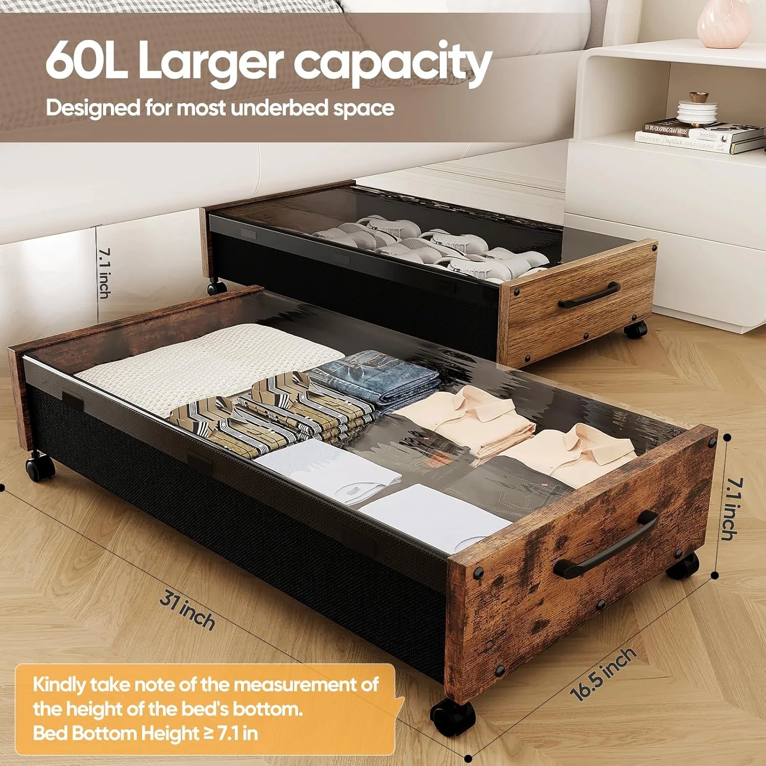 Under Bed Storage Bins with Wheels, 2 Pack, Removable Lid F871