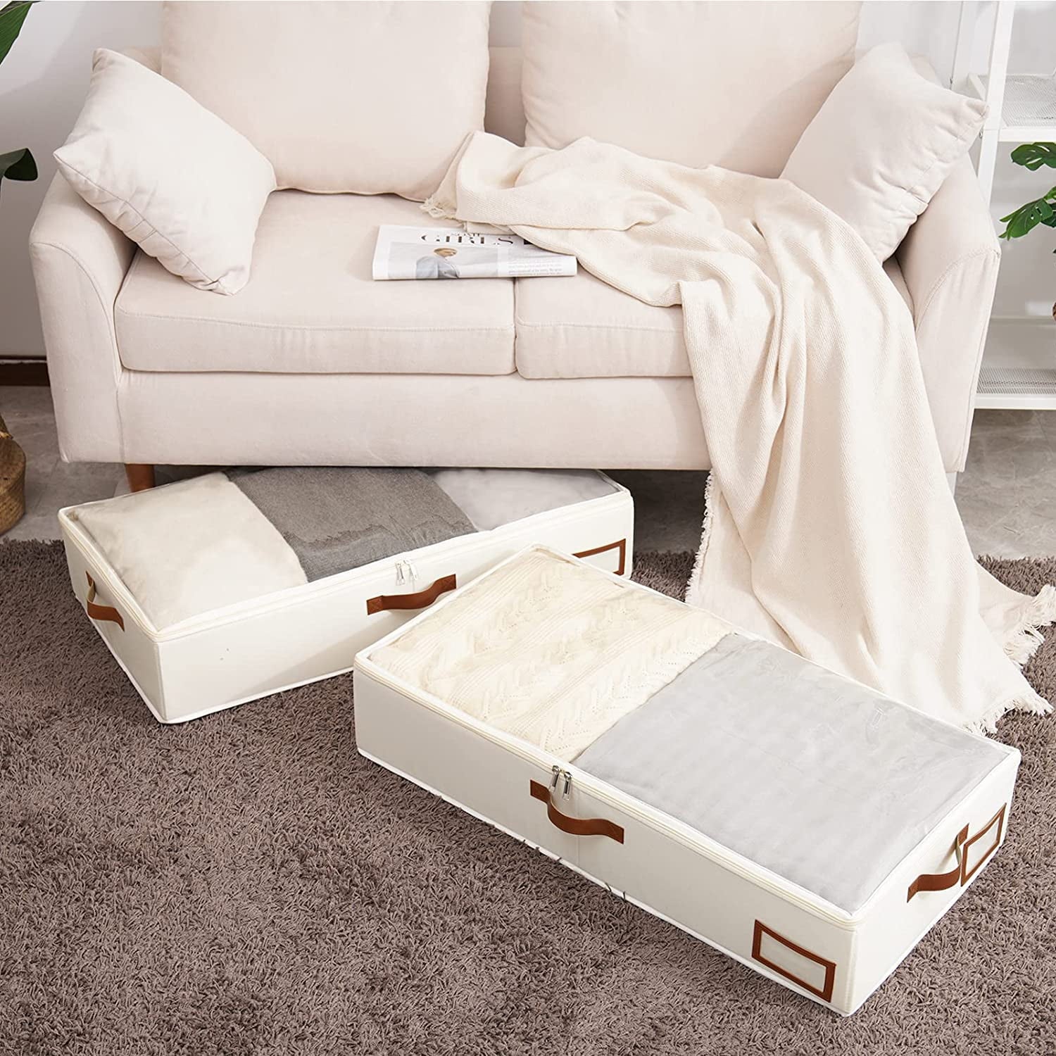 Under Bed Storage Box, Collapsible with Handles, Beige W470