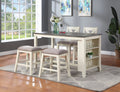 Dcenta Modern Contemporary 5pc Counter Height High Dining Table w Storage Shelves High Chairs And Stools Wooden Kitchen Breakfast Table Dining Room Furniture