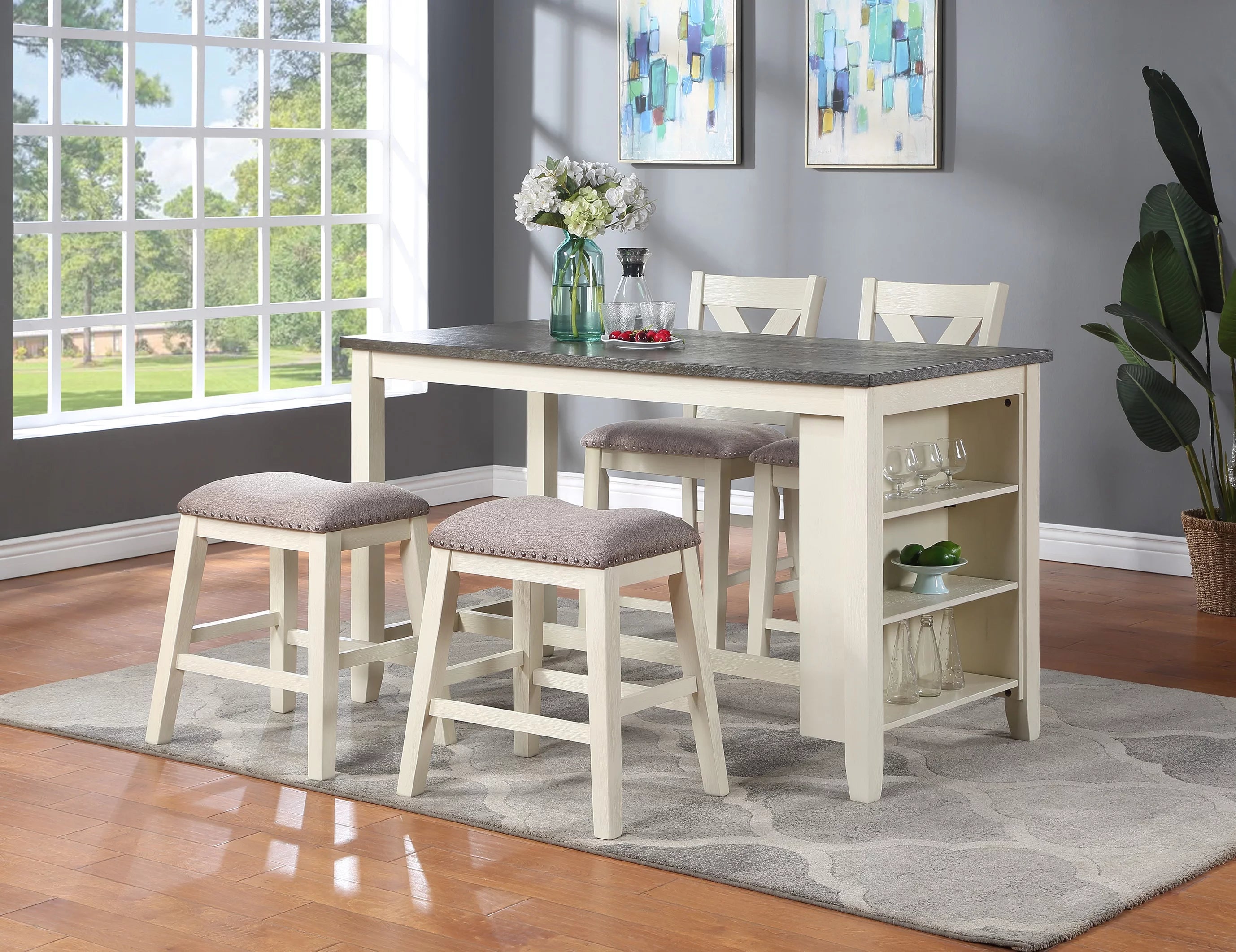 Dcenta Modern Contemporary 5pc Counter Height High Dining Table w Storage Shelves High Chairs And Stools Wooden Kitchen Breakfast Table Dining Room Furniture