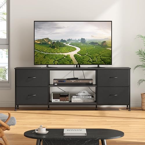 TV Stand with 4 Fabric Drawers and Open Shelves for 50" TV, Black Wood Veins I88170