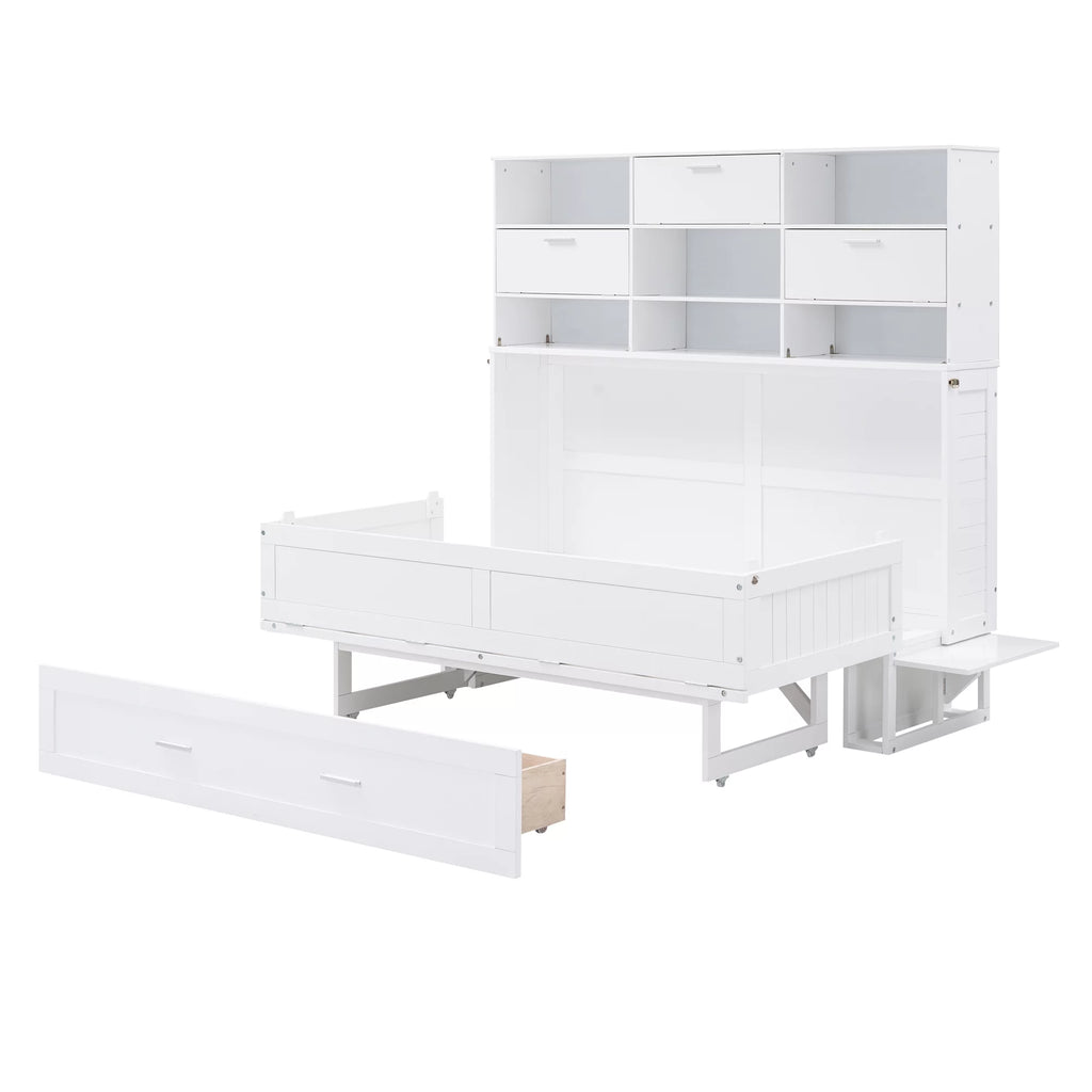 Queen Size Murphy Bed with Bookcase and Drawer, White P7712