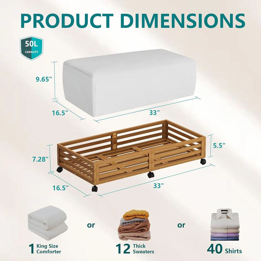 Bamboo Under Bed Storage Containers with Wheels and Dust Bag T7066