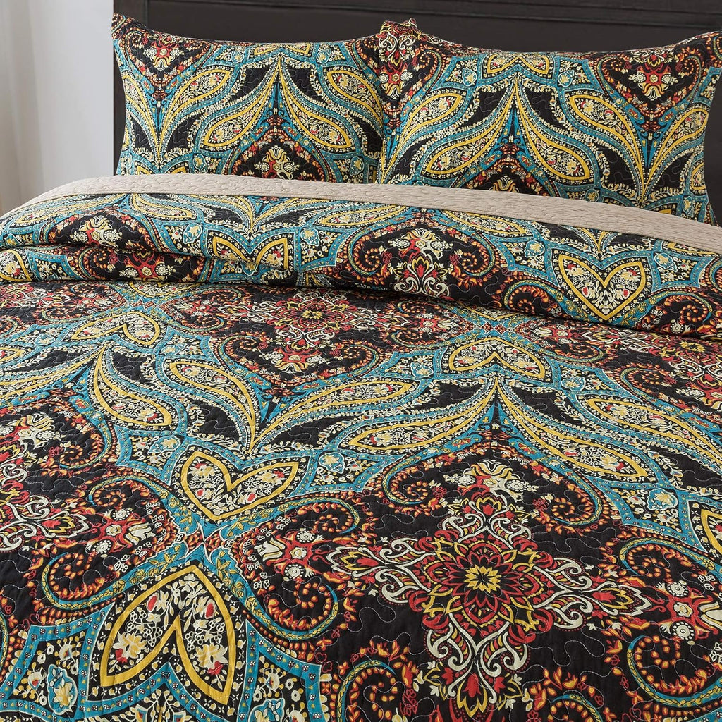 Cotton Bedspread Quilt Set, Reversible Patchwork Coverlet, Floral Pattern H52511