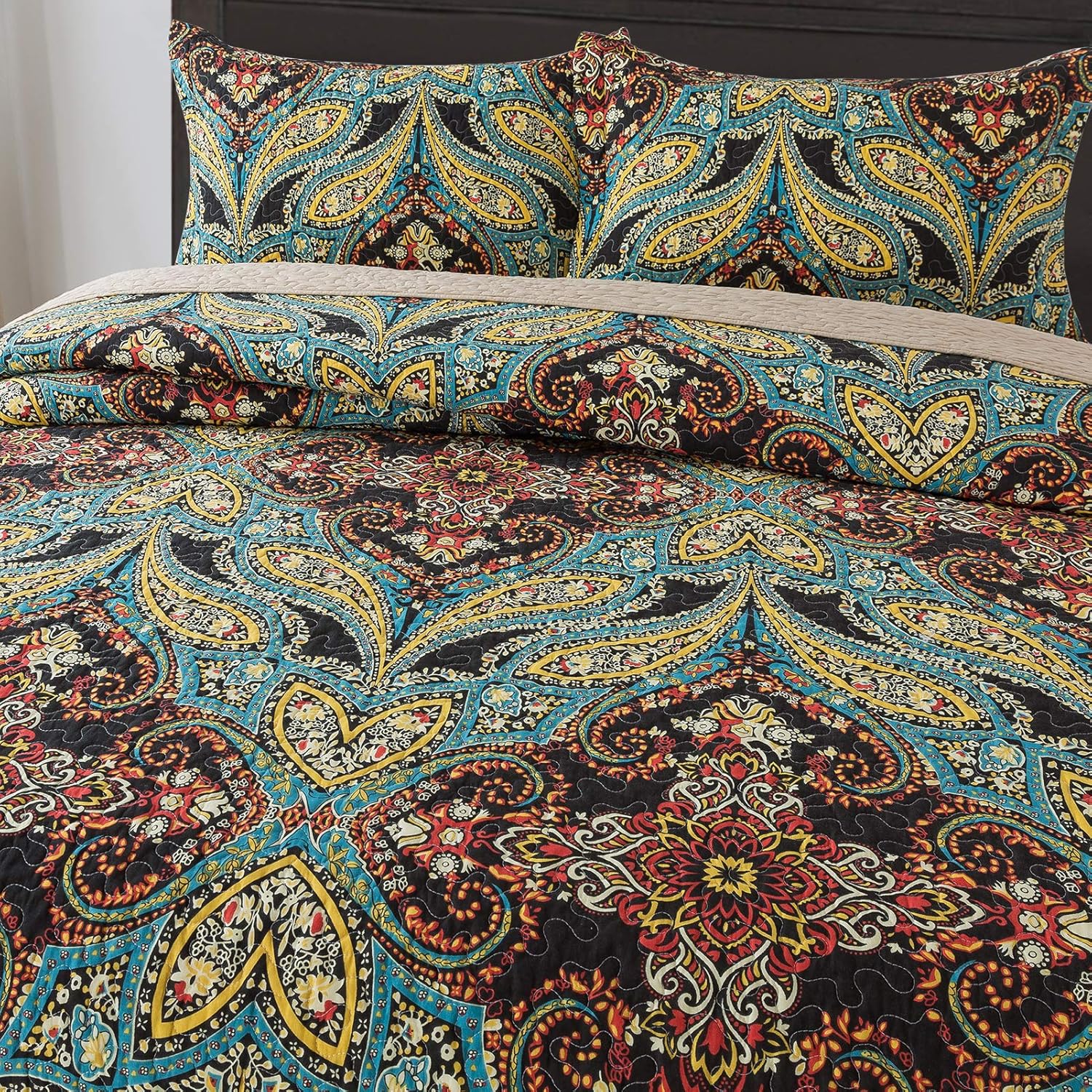 Cotton Bedspread Quilt Set, Reversible Patchwork Coverlet, Floral Pattern H52511