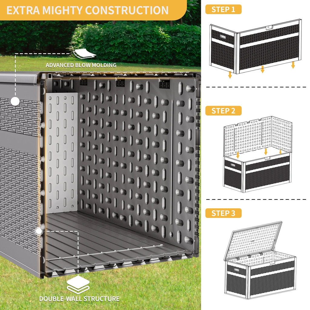 230 Gallon Resin Deck Box, Double-Wall Rattan Outdoor Storage for Patio Furniture, Waterproof and Lockable, Grey Z348222