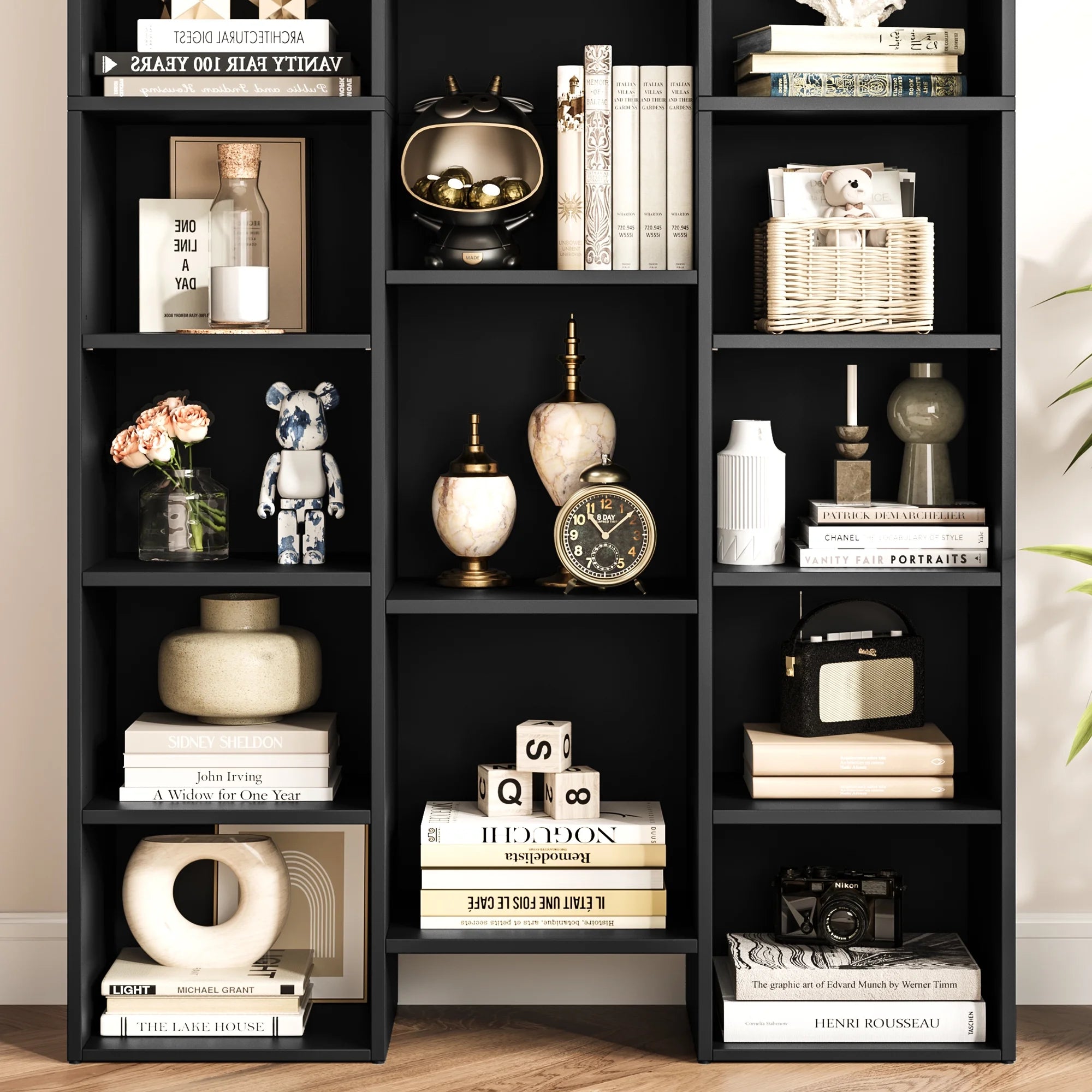 21-Cube Bookcase with Adjustable Shelves, Triple Width Storage Rack, Black R4388
