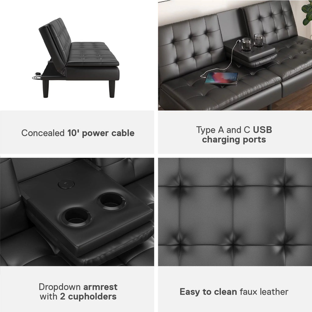 Memory Foam Futon with Cupholder and USB, Black Faux Leather Y2494