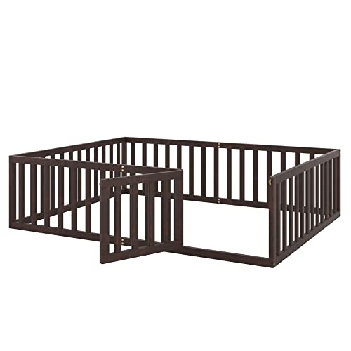 Twin Floor Bed Frame with Safety Fence, Solid Wood J960722