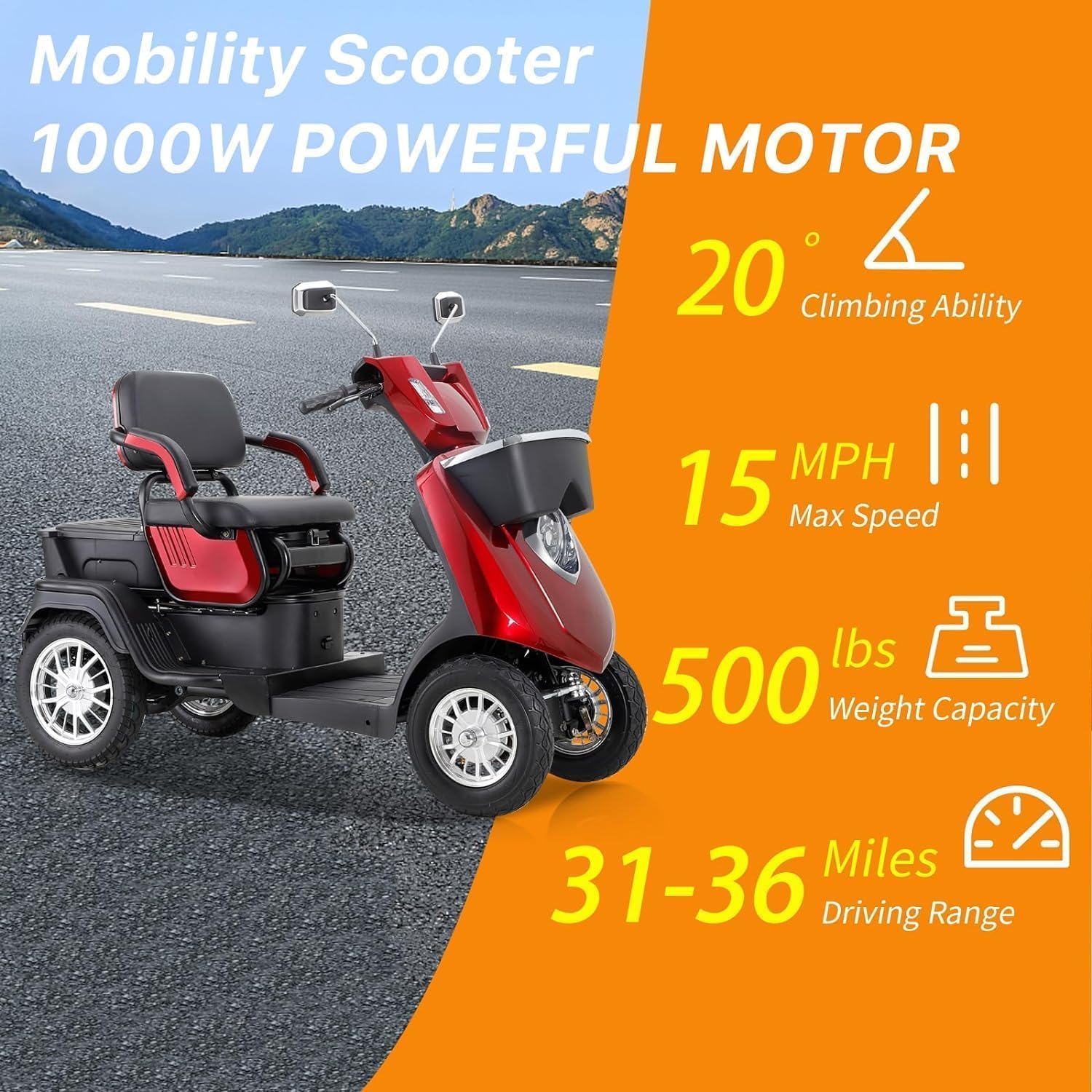 4 Wheel Mobility Scooter for Seniors, 500lbs Capacity, 36-Mile Range R592775