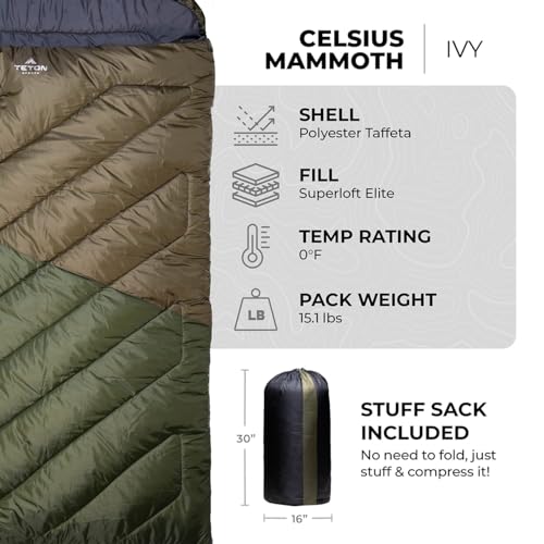 Double Sleeping Bag for Camping, Hunting and Base Camp, 20 and 0 Degree, Compression Sack Included F203