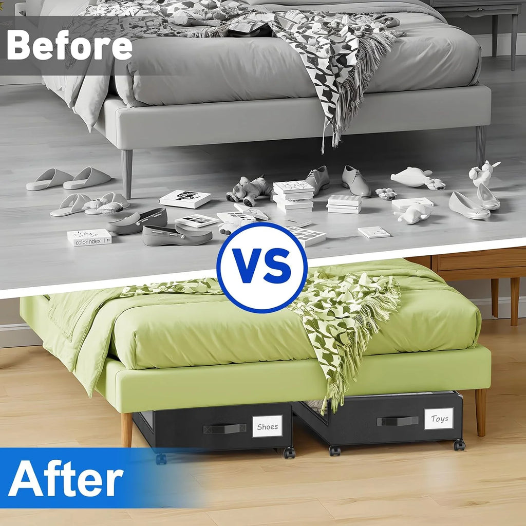 Under Bed Storage Containers with Wheels and Clear Lids, 60L, Black E9843