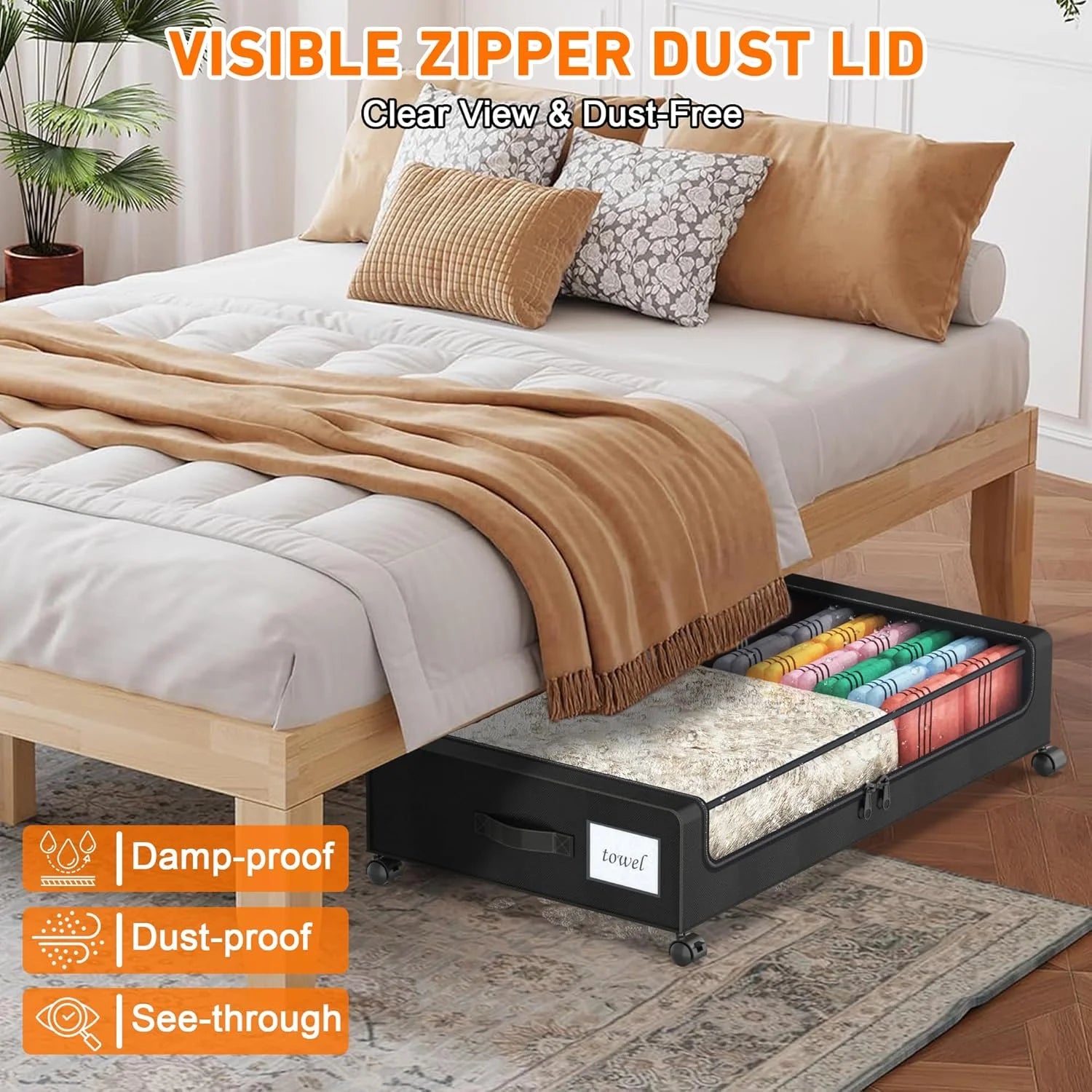 Under Bed Storage with Wheels, 2-Pack Clear Lid Containers, Rolling Metal Drawer Y70361