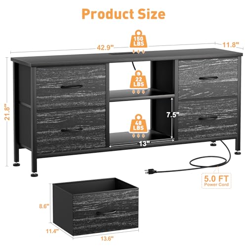 TV Stand with 4 Fabric Drawers and Open Shelves for 50" TV, Black Wood Veins I88170