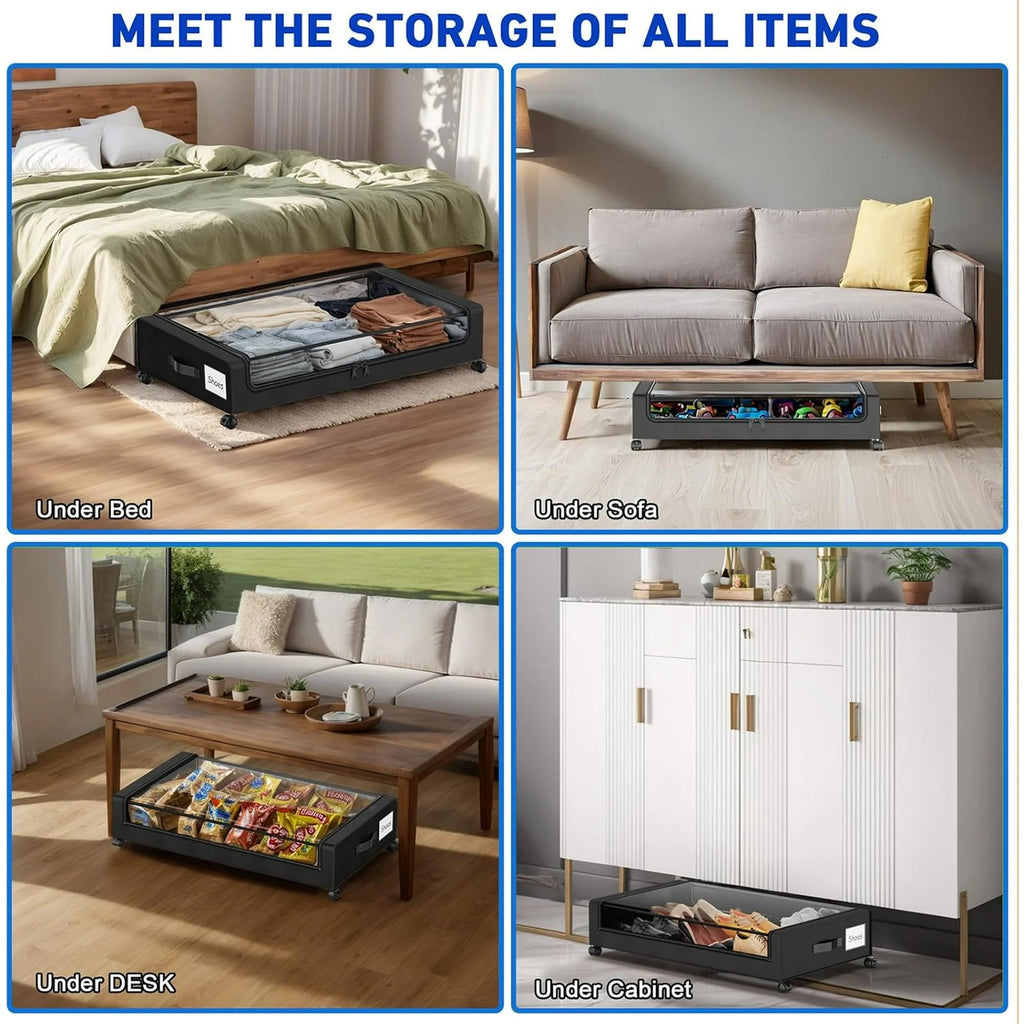 Under Bed Storage Containers with Wheels and Clear Lids, 60L, Black E9843