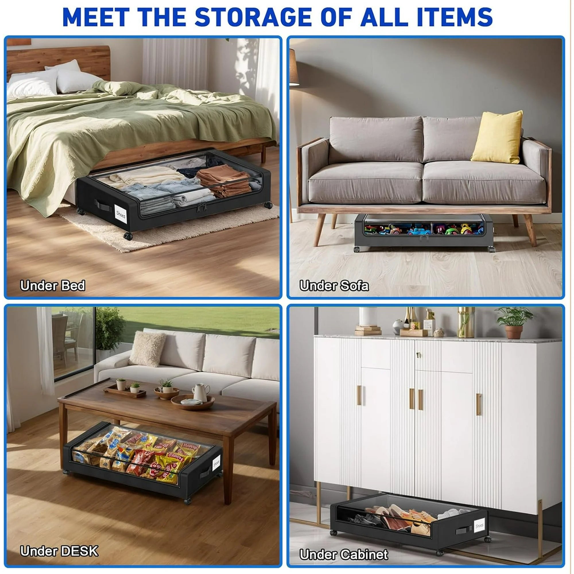 Under Bed Storage Containers with Wheels and Clear Lids, 60L, Black E9843