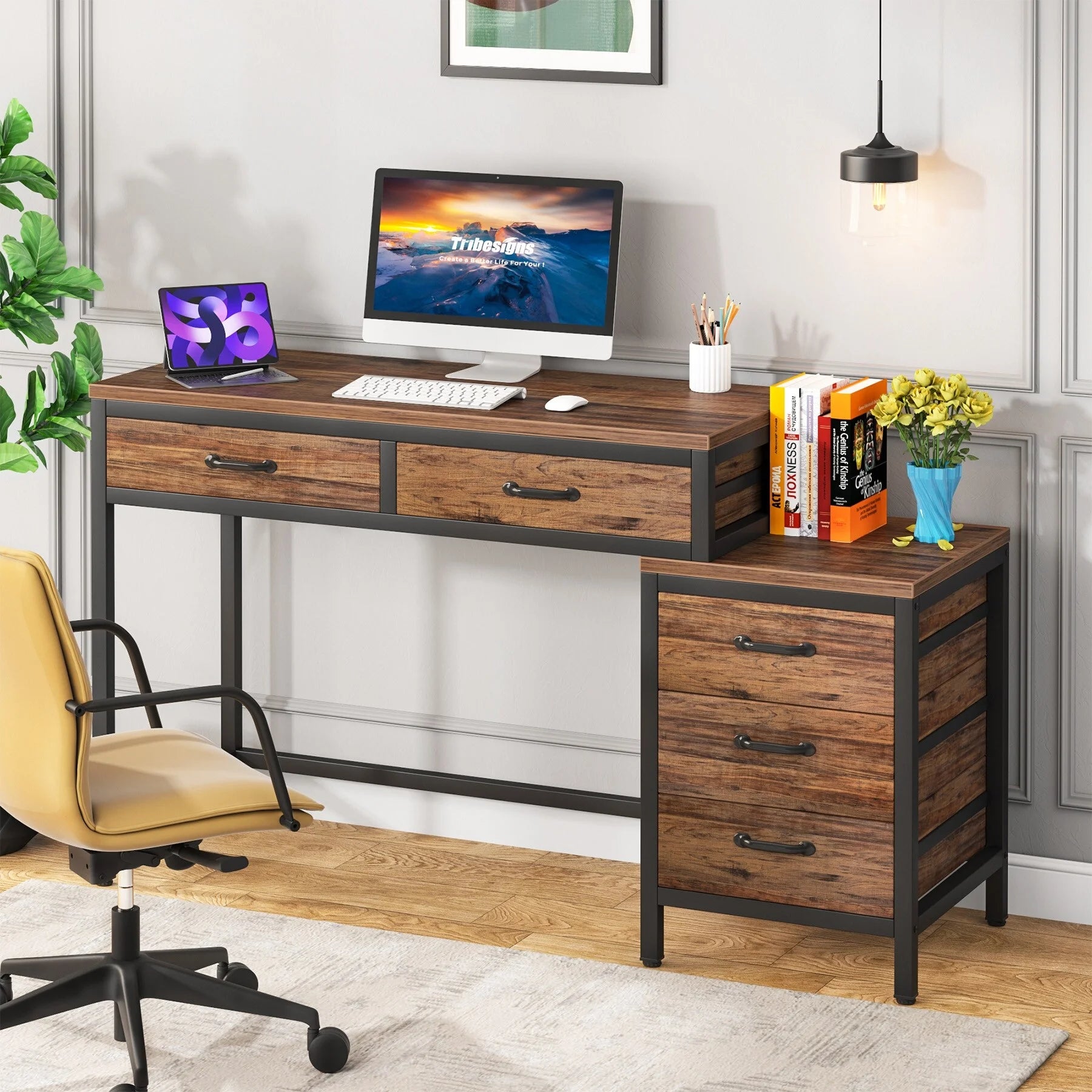 Reversible Computer Desk with 5 Drawers and File Cabinet T924345