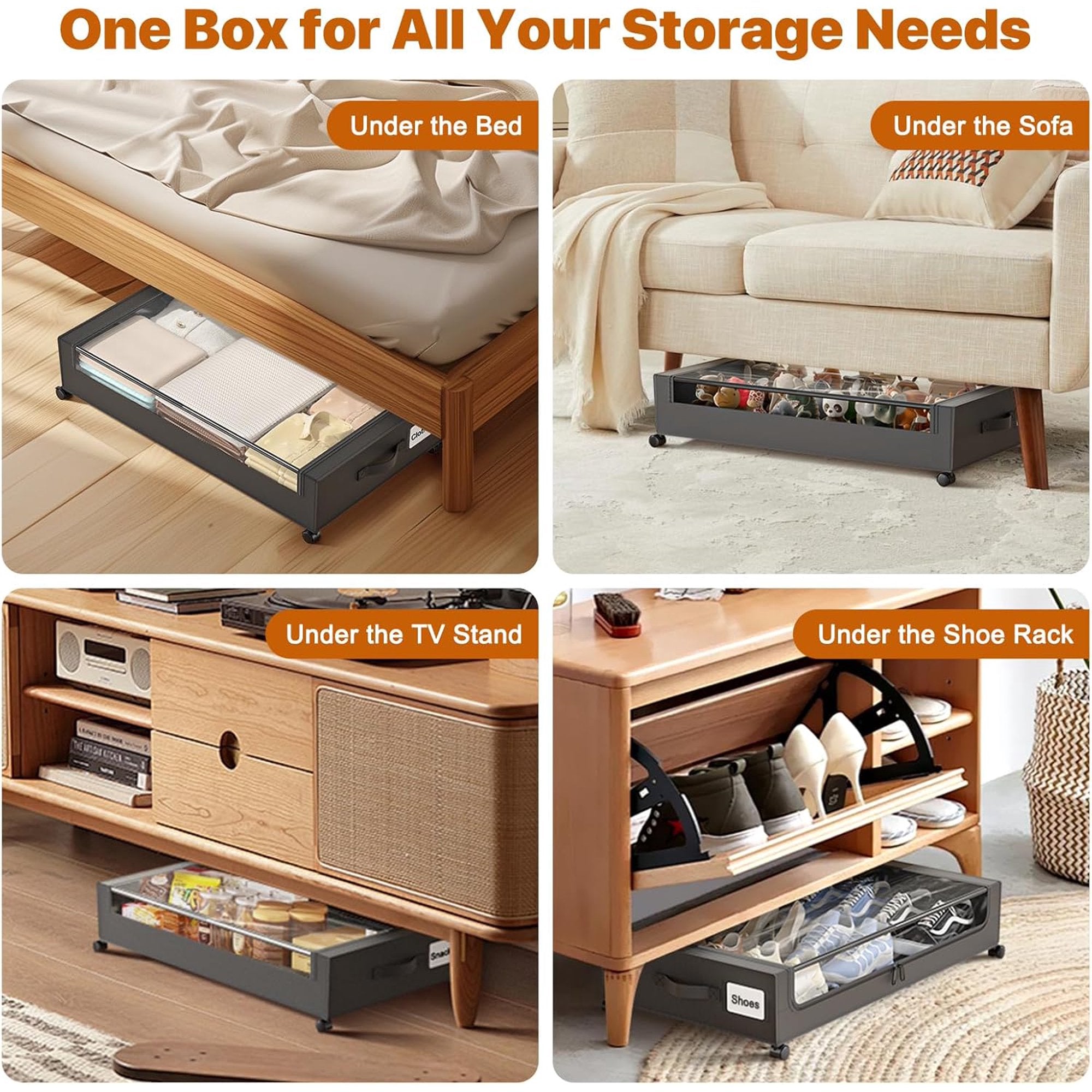 Under Bed Storage Containers with Wheels, 4 Pack, XXL 60L, Clear Lids W6827