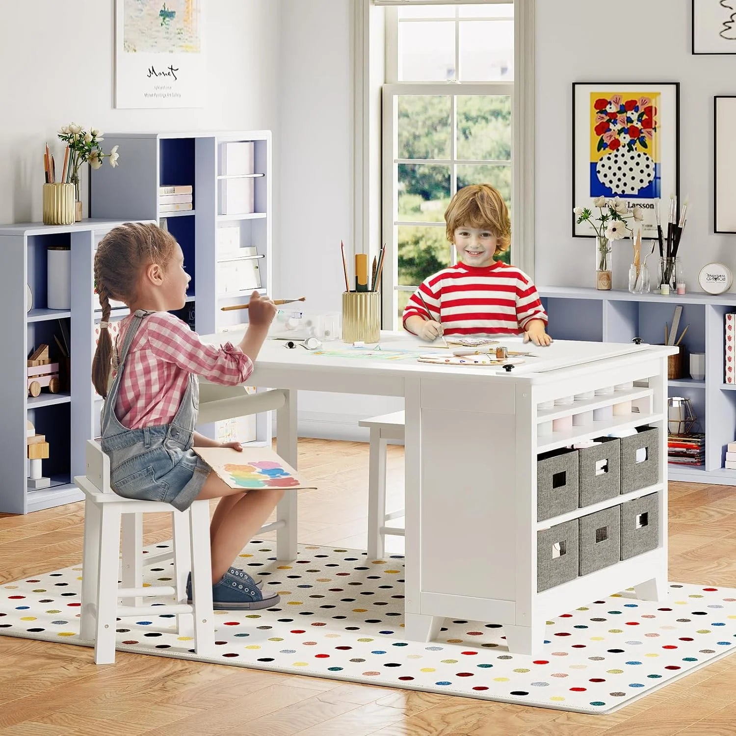 Kids Art Table and Chair Set with Storage Shelves and Paper Roll G84422