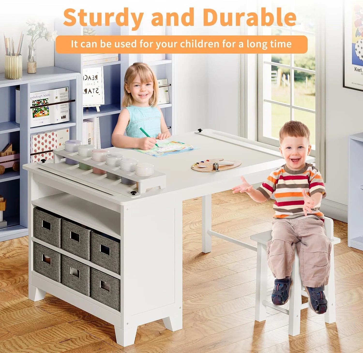 Kids Art Table and Chair Set with Storage Shelves and Paper Roll G84422
